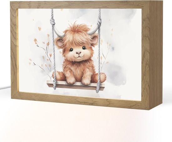Nachtlampje 30x20 cm - Kinder lamp - Schotse hooglander - Dier - Kinderen - Tafellamp kinderkamer - Slaapkamer lamp - Bedlamp kinderen - Kinderlampje stopcontact - Wandlamp babykamer - Nachtlampjes van Merkloos