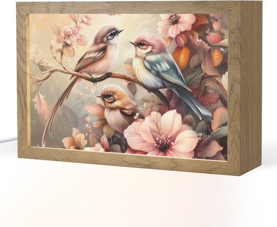 Nachtlampje 30x20 cm - Kinder lamp - Vogels - Bloemen - Roze - Pastel - Tafellamp kinderkamer - Slaapkamer lamp - Bedlamp kinderen - Kinderlampje stopcontact - Wandlamp babykamer - Nachtlampjes van Merkloos