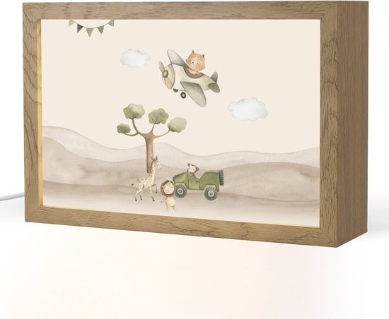 Nachtlampje 30x20 cm - Kinder lamp - Wilde dieren - Safari - Pastel kleuren - Watercolor - Vliegtuig - Tafellamp kinderkamer - Slaapkamer lamp - Bedlamp kinderen - Kinderlampje stopcontact - Wandlamp babykamer - Nachtlampjes van Merkloos