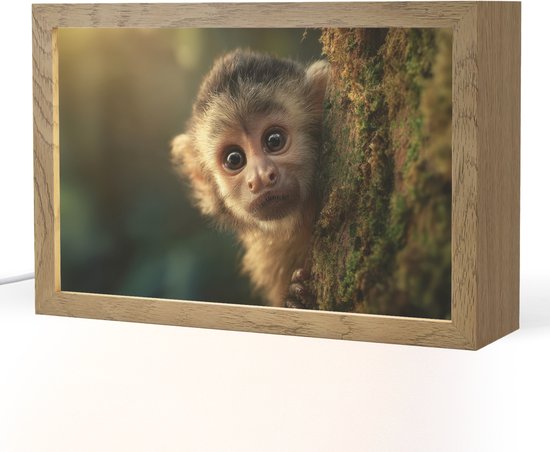 Nachtlampje 30x20 cm - Kinder lampje - Aap - Boomstronk - Bruin - Tafellamp kinderkamer - Slaapkamer lamp - Bedlamp kinderen - Kinderlampje stopcontact - Wandlamp babykamer - Nachtlampjes van Merkloos