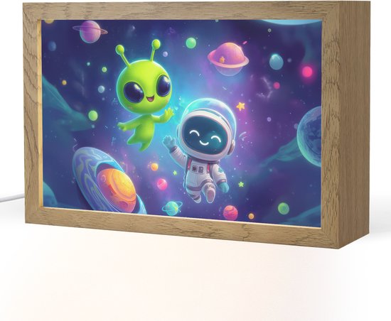 Nachtlampje 30x20 cm - Kinder lampje - Alien - Astronaut - Ruimte - Planeten - Tafellamp kinderkamer - Slaapkamer lamp - Bedlamp kinderen - Kinderlampje stopcontact - Wandlamp babykamer - Nachtlampjes van Merkloos