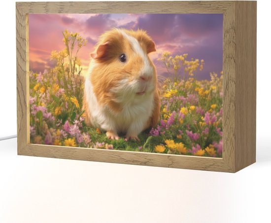 Nachtlampje 30x20 cm - Kinder lampje - Cavia - Kleurrijk - Bloemen - Tafellamp kinderkamer - Slaapkamer lamp - Bedlamp kinderen - Kinderlampje stopcontact - Wandlamp babykamer - Nachtlampjes van Merkloos