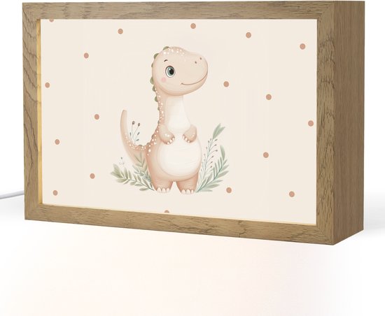 Nachtlampje 30x20 cm - Kinder lampje - Dinosaurus - Bladeren - Pastel - Stippen - Tafellamp kinderkamer - Slaapkamer lamp - Bedlamp kinderen - Kinderlampje stopcontact - Wandlamp babykamer - Nachtlampjes
