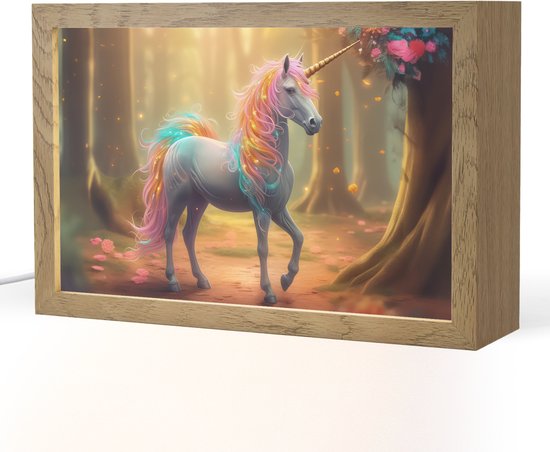 Nachtlampje 30x20 cm - Kinder lampje - Eenhoorn - Bos - Kleurrijk - Bloemen - Meiden - Tafellamp kinderkamer - Slaapkamer lamp - Bedlamp kinderen - Kinderlampje stopcontact - Wandlamp babykamer - Nachtlampjes van Merkloos