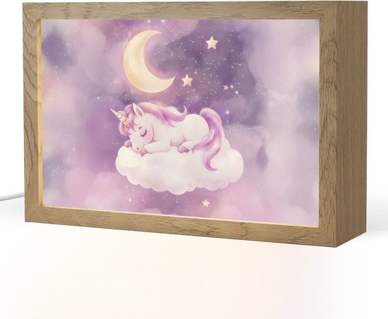 Nachtlampje 30x20 cm - Kinder lampje - Eenhoorn - Paars - Sterrenhemel - Maan - Tafellamp kinderkamer - Slaapkamer lamp - Bedlamp kinderen - Kinderlampje stopcontact - Wandlamp babykamer - Nachtlampjes van Merkloos