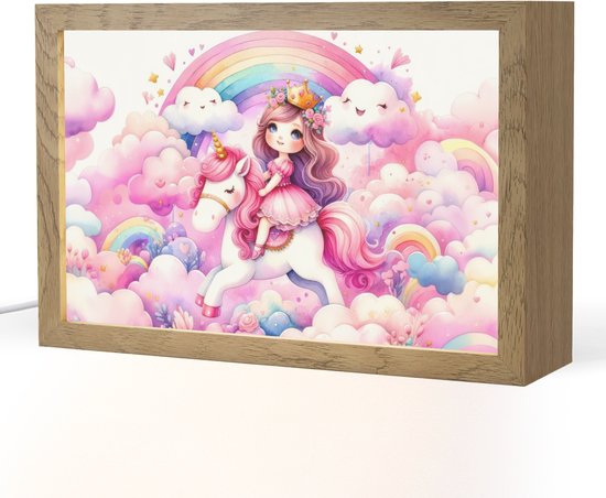 Nachtlampje 30x20 cm - Kinder lampje - Eenhoorn - Prinses - Unicorn - Roze - Regenboog - Tafellamp kinderkamer - Slaapkamer lamp - Bedlamp kinderen - Kinderlampje stopcontact - Wandlamp babykamer - Nachtlampjes van Merkloos
