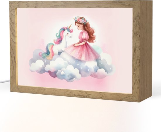 Nachtlampje 30x20 cm - Kinder lampje - Eenhoorn - Prinses - Unicorn - Roze - Wolken - Tafellamp kinderkamer - Slaapkamer lamp - Bedlamp kinderen - Kinderlampje stopcontact - Wandlamp babykamer - Nachtlampjes van Merkloos