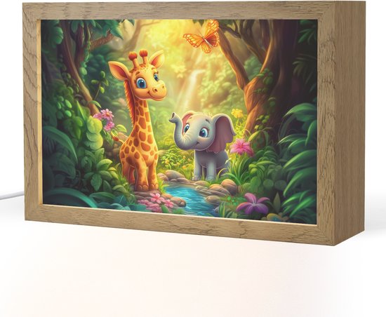 Nachtlampje 30x20 cm - Kinder lampje - Giraf - Olifant - Bloemen - Jungle - Tafellamp kinderkamer - Slaapkamer lamp - Bedlamp kinderen - Kinderlampje stopcontact - Wandlamp babykamer - Nachtlampjes van Decoways