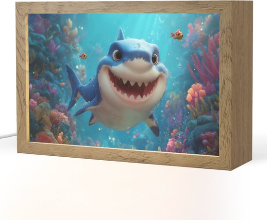 Nachtlampje 30x20 cm - Kinder lampje - Haai - Onderwaterwereld - Oceaan - Tafellamp kinderkamer - Slaapkamer lamp - Bedlamp kinderen - Kinderlampje stopcontact - Wandlamp babykamer - Nachtlampjes van Merkloos