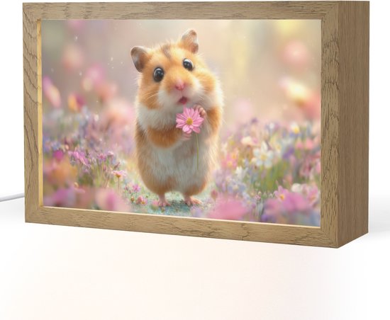 Nachtlampje 30x20 cm - Kinder lampje - Hamster - Bloemen - Roze - Oranje - Tafellamp kinderkamer - Slaapkamer lamp - Bedlamp kinderen - Kinderlampje stopcontact - Wandlamp babykamer - Nachtlampjes van OnlyWow