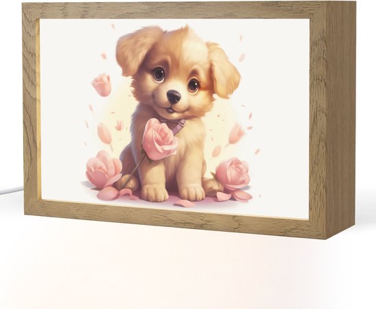 Nachtlampje 30x20 cm - Kinder lampje - Hond - Bloemen - Roze - Meisjes - Kind - Tafellamp kinderkamer - Slaapkamer lamp - Bedlamp kinderen - Kinderlampje stopcontact - Wandlamp babykamer - Nachtlampjes