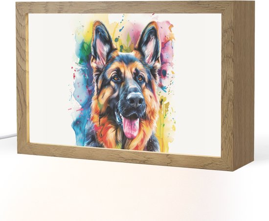 Nachtlampje 30x20 cm - Kinder lampje - Hond - Verf - Dieren - Kleurrijk - Duitse Herder - Tafellamp kinderkamer - Slaapkamer lamp - Bedlamp kinderen - Kinderlampje stopcontact - Wandlamp babykamer - Nachtlampjes van Merkloos