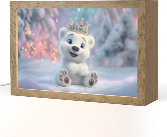 Nachtlampje 30x20 cm - Kinder lampje - Ijsbeerwelp - Sneeuw - Lichtjes - Kroon - Tafellamp kinderkamer - Slaapkamer lamp - Bedlamp kinderen - Kinderlampje stopcontact - Wandlamp babykamer - Nachtlampjes