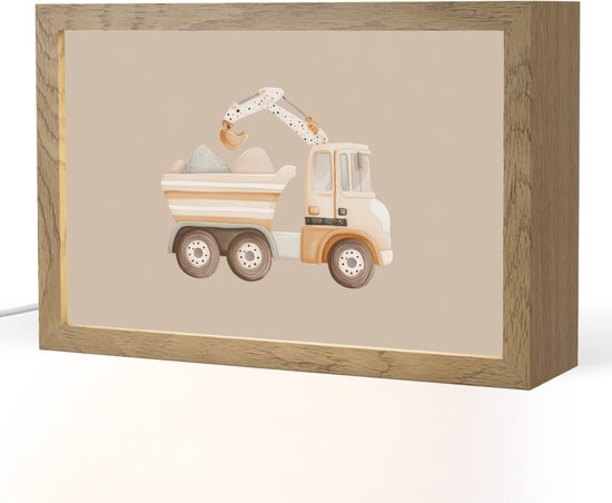 Nachtlampje 30x20 cm - Kinder lampje - Kiepwagen - Auto - Beige - Tafellamp kinderkamer - Slaapkamer lamp - Bedlamp kinderen - Kinderlampje stopcontact - Wandlamp babykamer - Nachtlampjes