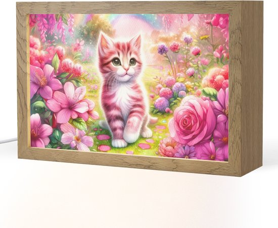 Nachtlampje 30x20 cm - Kinder lampje - Kitten - Roze - Kat - Regenboog - Bloemen - Tafellamp kinderkamer - Slaapkamer lamp - Bedlamp kinderen - Kinderlampje stopcontact - Wandlamp babykamer - Nachtlampjes van Merkloos