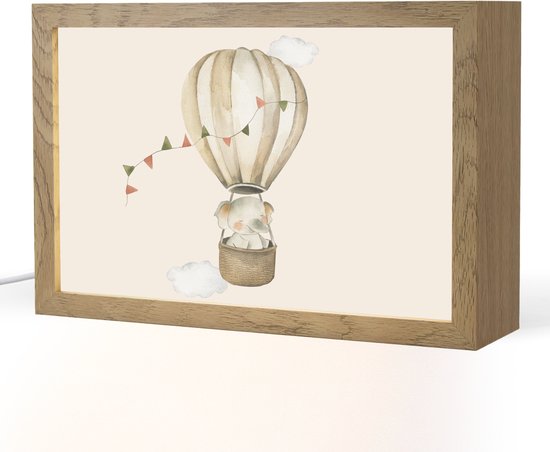 Nachtlampje 30x20 cm - Kinder lampje - Luchtballon - Olifant - Watercolor - Beige - Dieren - Tafellamp kinderkamer - Slaapkamer lamp - Bedlamp kinderen - Kinderlampje stopcontact - Wandlamp babykamer - Nachtlampjes