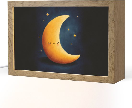 Nachtlampje 30x20 cm - Kinder lampje - Maan - Geel - Sterren - Gezichtje - Tafellamp kinderkamer - Slaapkamer lamp - Bedlamp kinderen - Kinderlampje stopcontact - Wandlamp babykamer - Nachtlampjes van Merkloos