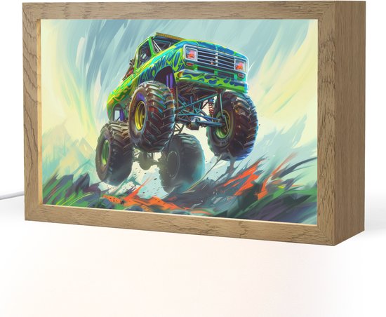 Nachtlampje 30x20 cm - Kinder lampje - Monstertruck - Auto - Jongens - Groen - Tafellamp kinderkamer - Slaapkamer lamp - Bedlamp kinderen - Kinderlampje stopcontact - Wandlamp babykamer - Nachtlampjes van Merkloos