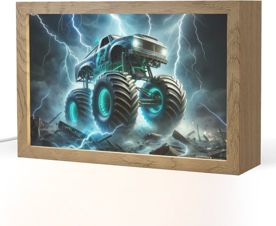 Nachtlampje 30x20 cm - Kinder lampje - Monstertruck - Bliksem - Blauw - Jongens - Auto - Tafellamp kinderkamer - Slaapkamer lamp - Bedlamp kinderen - Kinderlampje stopcontact - Wandlamp babykamer - Nachtlampjes van Merkloos