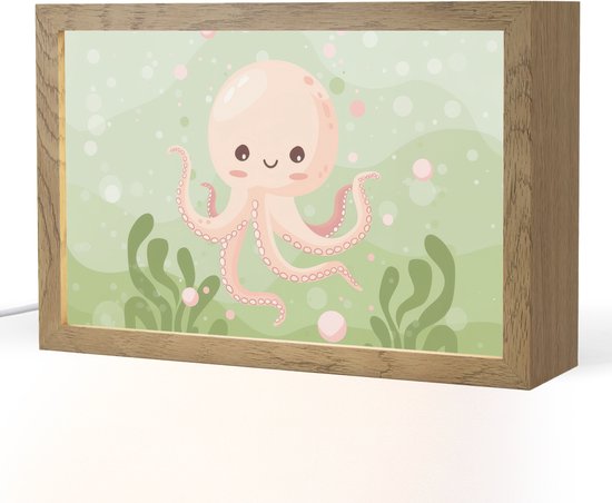 Nachtlampje 30x20 cm - Kinder lampje - Octopus - Zeedieren - Groen - Onderwater - Tafellamp kinderkamer - Slaapkamer lamp - Bedlamp kinderen - Kinderlampje stopcontact - Wandlamp babykamer - Nachtlampjes
