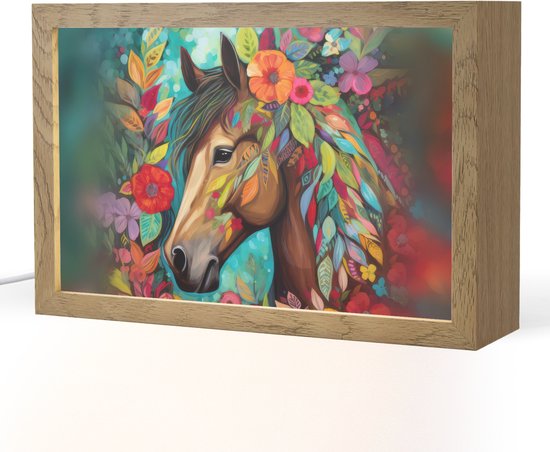 Nachtlampje 30x20 cm - Kinder lampje - Paard - Bloemen - Schilderij - Natuur - Verf - Tafellamp kinderkamer - Slaapkamer lamp - Bedlamp kinderen - Kinderlampje stopcontact - Wandlamp babykamer - Nachtlampjes van OnlyWow