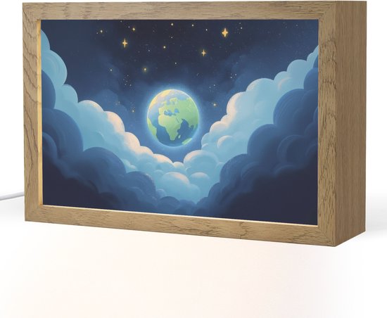 Nachtlampje 30x20 cm - Kinder lampje - Planeet - Wolken - Sterren - Blauw - Tafellamp kinderkamer - Slaapkamer lamp - Bedlamp kinderen - Kinderlampje stopcontact - Wandlamp babykamer - Nachtlampjes van DecoLife