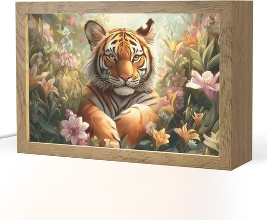 Nachtlampje 30x20 cm - Kinder lampje - Tijger - Bloemen - Jungle - Dieren - Tafellamp kinderkamer - Slaapkamer lamp - Bedlamp kinderen - Kinderlampje stopcontact - Wandlamp babykamer - Nachtlampjes van Merkloos