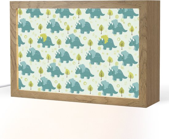 Nachtlampje 30x20 cm - Kinder lampje - Triceratop - Blauw - Stippen - Boompjes - Tafellamp kinderkamer - Slaapkamer lamp - Bedlamp kinderen - Kinderlampje stopcontact - Wandlamp babykamer - Nachtlampjes