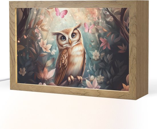 Nachtlampje 30x20 cm - Kinder lampje - Uil - Bos - Bloemen - Vlinders - Tafellamp kinderkamer - Slaapkamer lamp - Bedlamp kinderen - Kinderlampje stopcontact - Wandlamp babykamer - Nachtlampjes van Merkloos