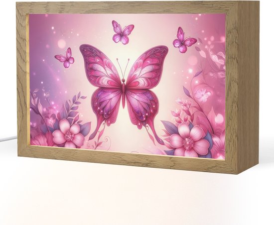 Nachtlampje 30x20 cm - Kinder lampje - Vlinder - Roze - Bloemen - Tafellamp kinderkamer - Slaapkamer lamp - Bedlamp kinderen - Kinderlampje stopcontact - Wandlamp babykamer - Nachtlampjes van Merkloos