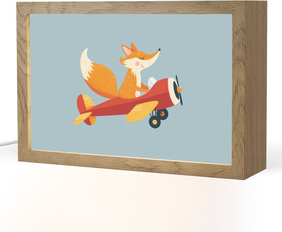 Nachtlampje 30x20 cm - Kinder lampje - Vos - Vliegtuig - Blauw - Tafellamp kinderkamer - Slaapkamer lamp - Bedlamp kinderen - Kinderlampje stopcontact - Wandlamp babykamer - Nachtlampjes van Merkloos