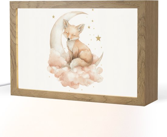 Nachtlampje 30x20 cm - Kinder lampje - Vos - Wolken - Maan - Sterren - Tafellamp kinderkamer - Slaapkamer lamp - Bedlamp kinderen - Kinderlampje stopcontact - Wandlamp babykamer - Nachtlampjes