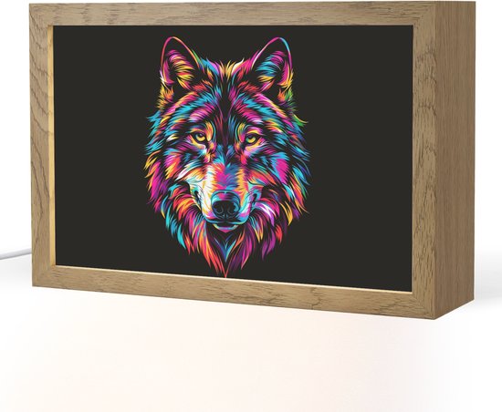 Nachtlampje 30x20 cm - Kinder lampje - Wolf - Kleurrijk - Zwart - Dieren - Neon - Tafellamp kinderkamer - Slaapkamer lamp - Bedlamp kinderen - Kinderlampje stopcontact - Wandlamp babykamer - Nachtlampjes van Merkloos