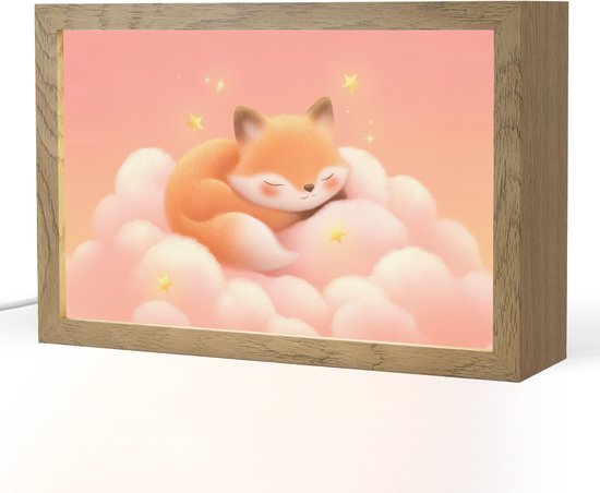 Nachtlampje 30x20 cm - Kinder lampje - Wolken - Vos - Oranje - Sterren - Tafellamp kinderkamer - Slaapkamer lamp - Bedlamp kinderen - Kinderlampje stopcontact - Wandlamp babykamer - Nachtlampjes