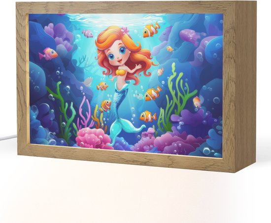 Nachtlampje 30x20 cm - Kinder lampje - Zeemeermin - Onderwaterwereld - Vissen - Oceaan - Tafellamp kinderkamer - Slaapkamer lamp - Bedlamp kinderen - Kinderlampje stopcontact - Wandlamp babykamer - Nachtlampjes van Merkloos