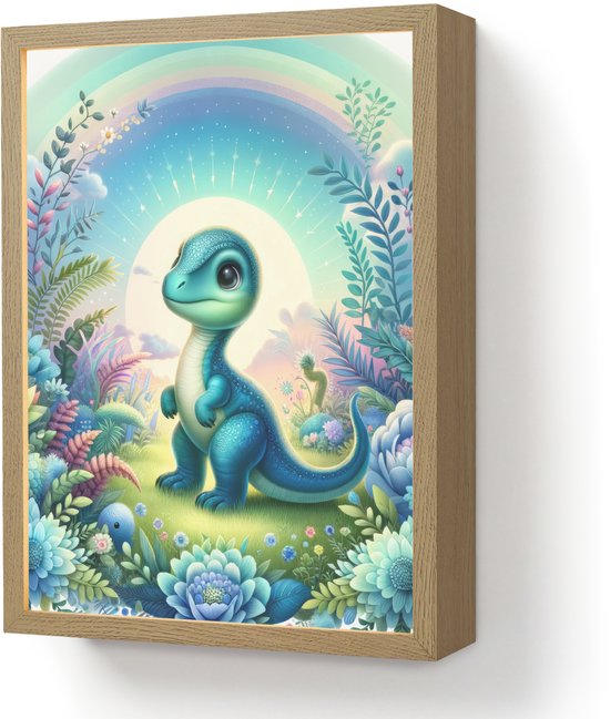Nachtlampje 30x40 cm - Kinder lamp - Dino - Blauw - Regenboog - Dinosaurus - Baby - Tafellamp kinderkamer draadloos - Slaapkamer lampje - Bedlamp kinderen - Kinderlampje - Wandlamp babykamer - Nachtlampjes van OnlyWow