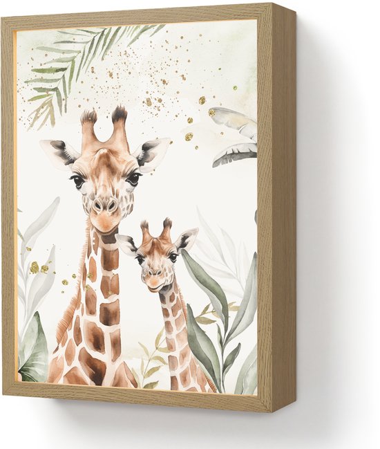 Nachtlampje 30x40 cm - Kinder lamp - Giraffe - Bladeren - Kinderen - Dieren - Jungle - Tafellamp kinderkamer draadloos - Slaapkamer lampje - Bedlamp kinderen - Kinderlampje - Wandlamp babykamer - Nachtlampjes van OnlyWow
