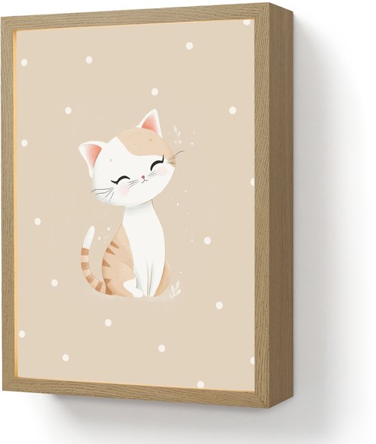 Nachtlampje 30x40 cm - Kinder lamp - Kat - Kitten - Beige - Stippen - Tafellamp kinderkamer draadloos - Slaapkamer lampje - Bedlamp kinderen - Kinderlampje - Wandlamp babykamer - Nachtlampjes