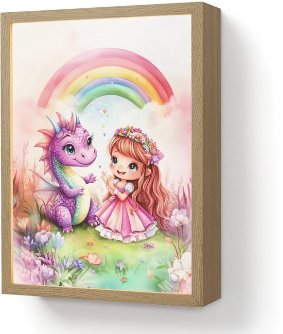 Nachtlampje 30x40 cm - Kinder lamp - Meisje - Draak - Regenboog - Tafellamp kinderkamer draadloos - Slaapkamer lampje - Bedlamp kinderen - Kinderlampje - Wandlamp babykamer - Nachtlampjes van OnlyWow