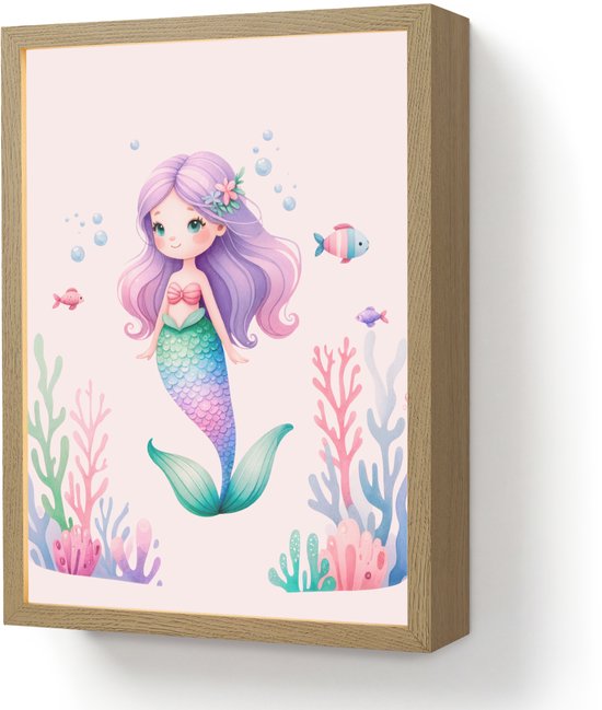 Nachtlampje 30x40 cm - Kinder lamp - Zeemeermin - Paars - Zeedieren - Onderwater - Vissen - Tafellamp kinderkamer draadloos - Slaapkamer lampje - Bedlamp kinderen - Kinderlampje - Wandlamp babykamer - Nachtlampjes van OnlyWow