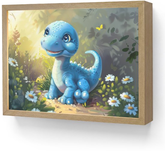 Nachtlampje 40x30 cm - Kinder lamp - Dino - Blauw - Baby - Dinosaurus - Tafellamp kinderkamer draadloos - Slaapkamer lampje - Bedlamp kinderen - Kinderlampje - Wandlamp babykamer - Nachtlampjes van OnlyWow