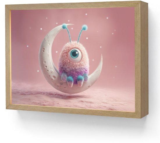 Nachtlampje 40x30 cm - Kinder lamp - Maan - Monster - Roze - Tafellamp kinderkamer draadloos - Slaapkamer lampje - Bedlamp kinderen - Kinderlampje - Wandlamp babykamer - Nachtlampjes