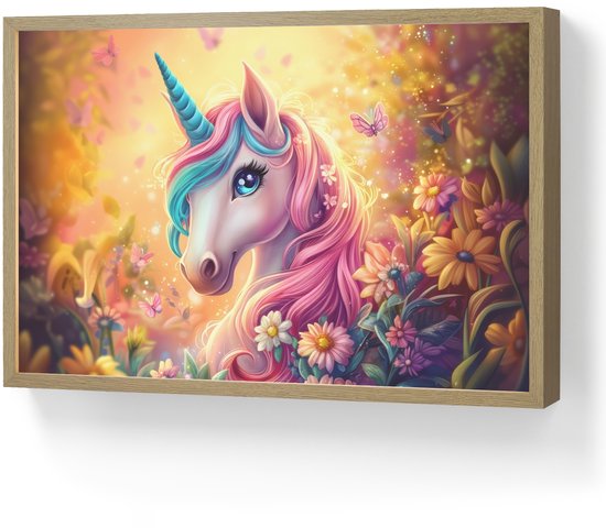 Nachtlampje 60x40 cm - Kinder lamp - Eenhoorn - Roze - Kleurrijk - Sprookjesbos - Tafellamp kinderkamer draadloos - Slaapkamer lampje - Bedlamp kinderen - Kinderlampje - Wandlamp babykamer - Nachtlampjes