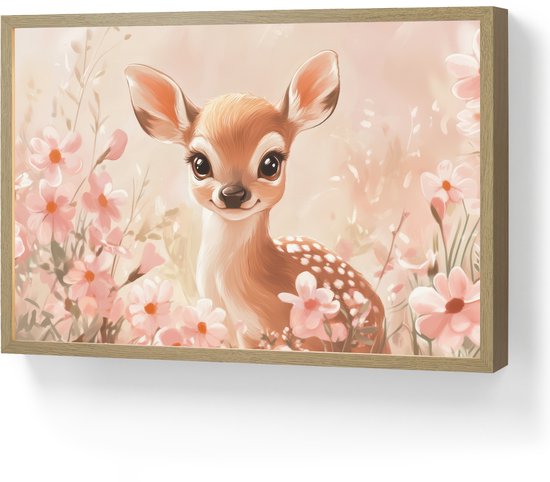 Nachtlampje 60x40 cm - Kinder lamp - Hertje - Illustratie - Bloemen - Roze - Tafellamp kinderkamer draadloos - Slaapkamer lampje - Bedlamp kinderen - Kinderlampje - Wandlamp babykamer - Nachtlampjes van Merkloos