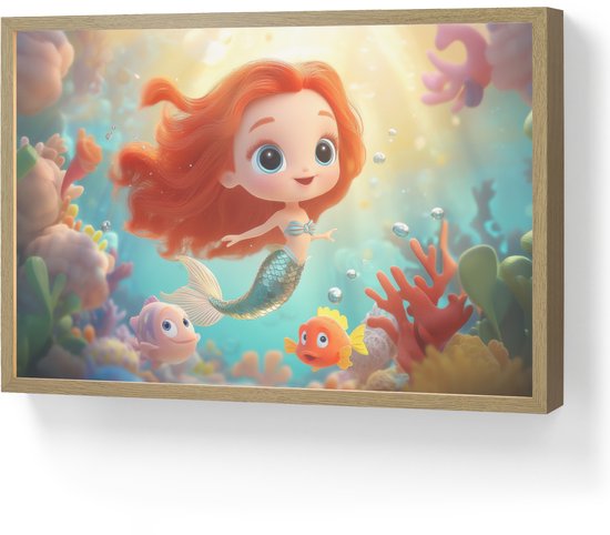 Nachtlampje 60x40 cm - Kinder lamp - Zeemeermin - Water - Vissen - Rood - Tafellamp kinderkamer draadloos - Slaapkamer lampje - Bedlamp kinderen - Kinderlampje - Wandlamp babykamer - Nachtlampjes van Merkloos