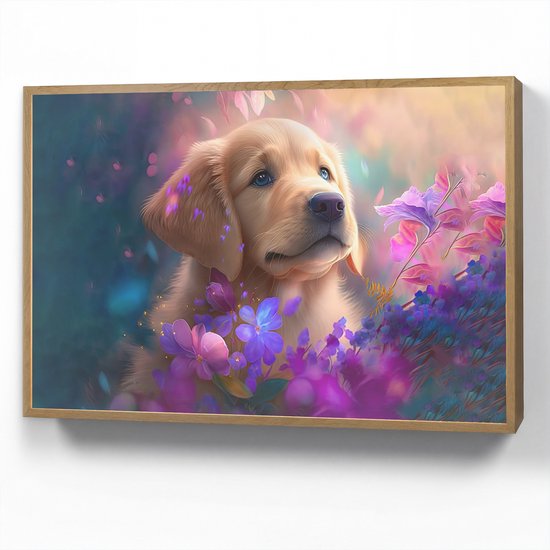 Nachtlampje 90x60 cm - Kinder lamp - Hond - Puppy - Zon - Bloemen - Golden retriever - Tafellamp kinderkamer draadloos - Slaapkamer lampje - Bedlamp kinderen - Kinderlampje - Wandlamp babykamer - Nachtlampjes van Merkloos