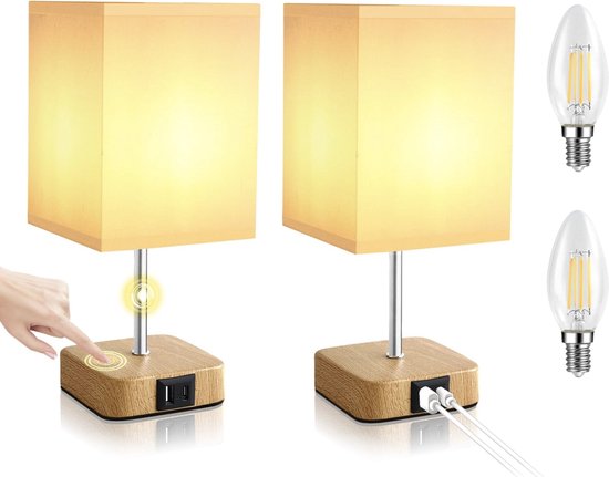 Nachtlampje Dimbaar met 3 Helderheidsniveaus, Set van 2 LED Nachtlampjes met Oplaadfunctie USB en Type C Aansluitingen, Nachtlamp met Houtnerf en Warm Witte E14 Lampen van Merkloos