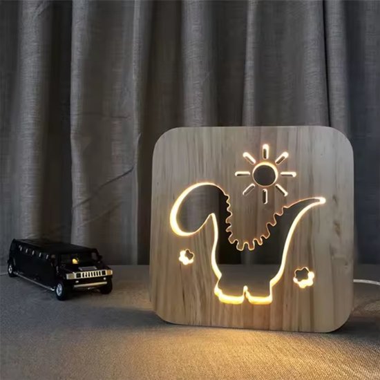 Nachtlampje - Dino - Dinosaurus - Dieren - LED 3D hout - Kind - Lamp - Babykamer - Kinderkamer van Decopatent