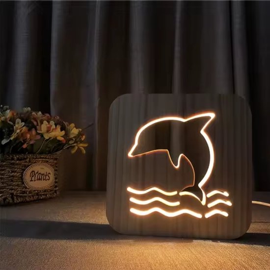 Nachtlampje - Dolfijn - Dieren - 3D LED hout - Lamp - Kind - Babykamer - Kinderkamer van Deco Goodies