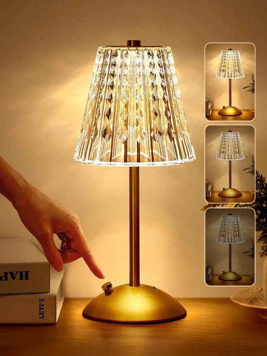 Nachtlampje, driekleurige kristallen lamp, slaapkamer nachtlampje, dimbaar nachtlampje met touchbediening, draadloze tafellamp